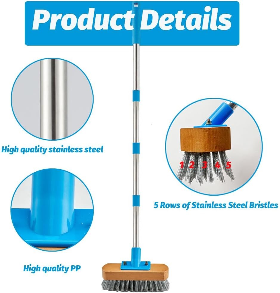 Stainless Steel Deck Scrub Brush With Long Handle 60″ Heavy Duty Floor Scrubber