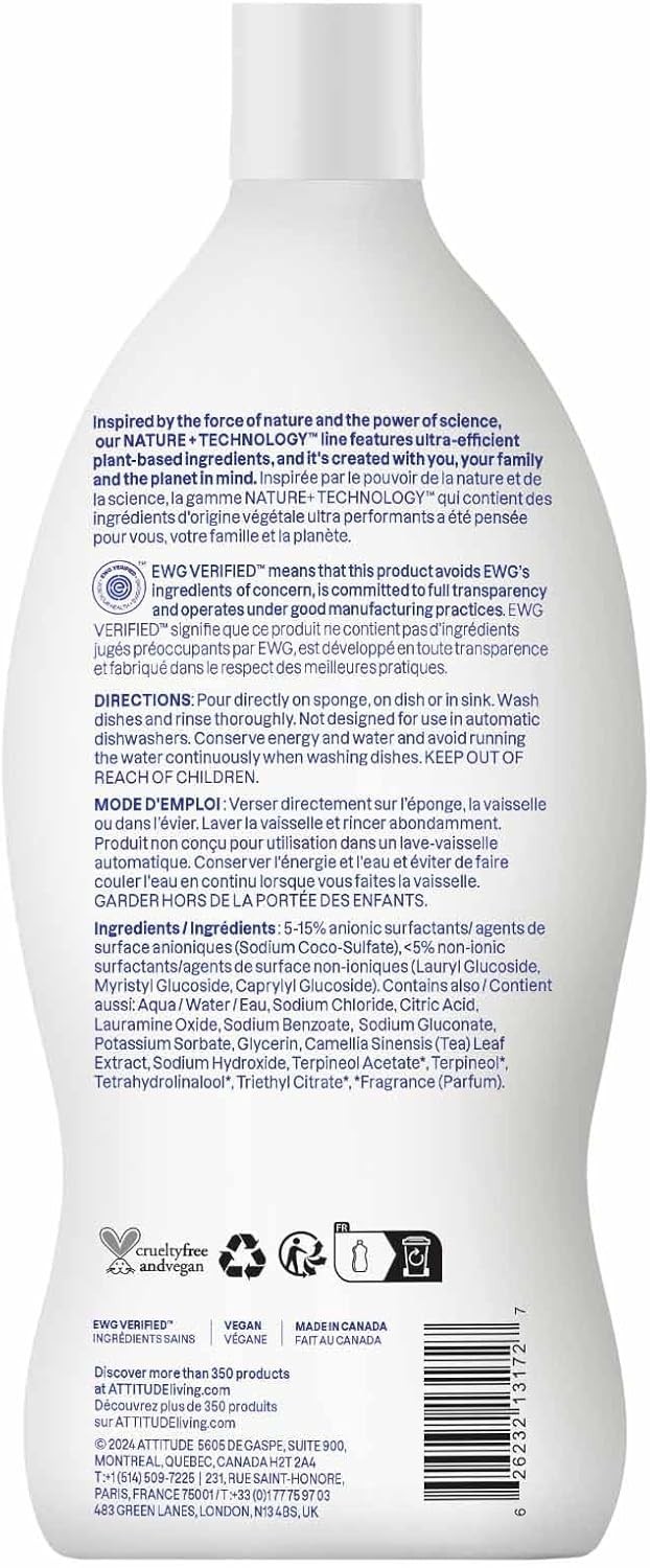 ATTITUDE Dish Soap, EWG Verified, Plant-Based & Vegan Dishwashing Liquid