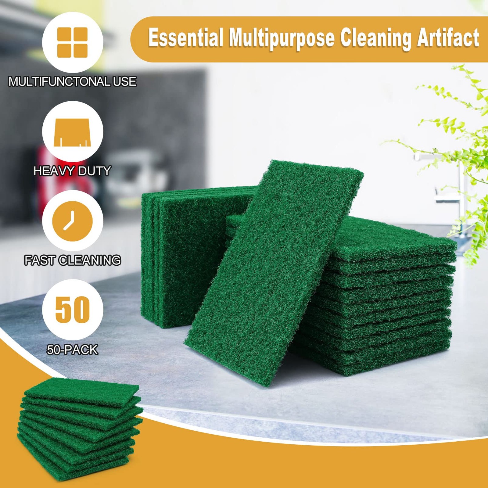 50 PCS Heavy Duty Scouring Pads, 4 x 5.95 inch, Green, Reusable, Non-Scratch