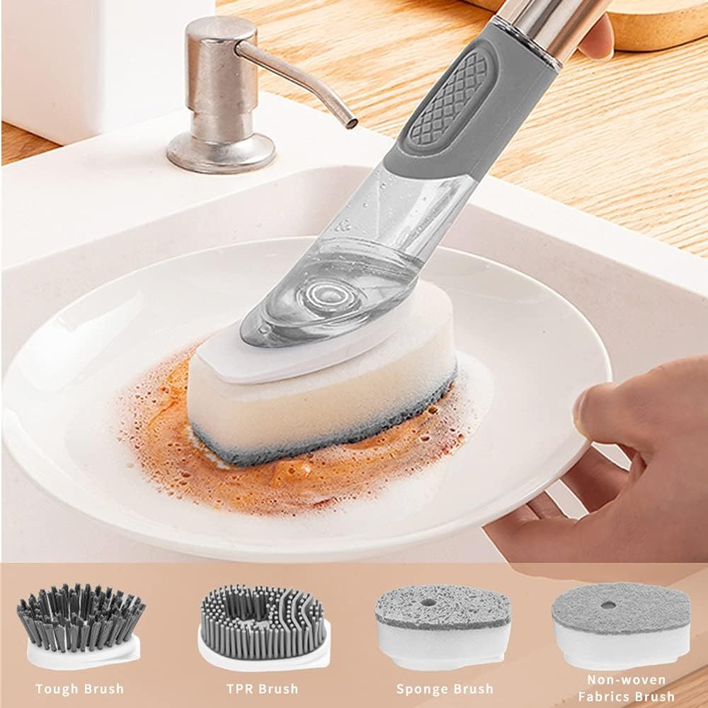 4-in-1 Dish Cleaning Brush Soap Dispensing Dish Brush Set with 4 Replacement Hea