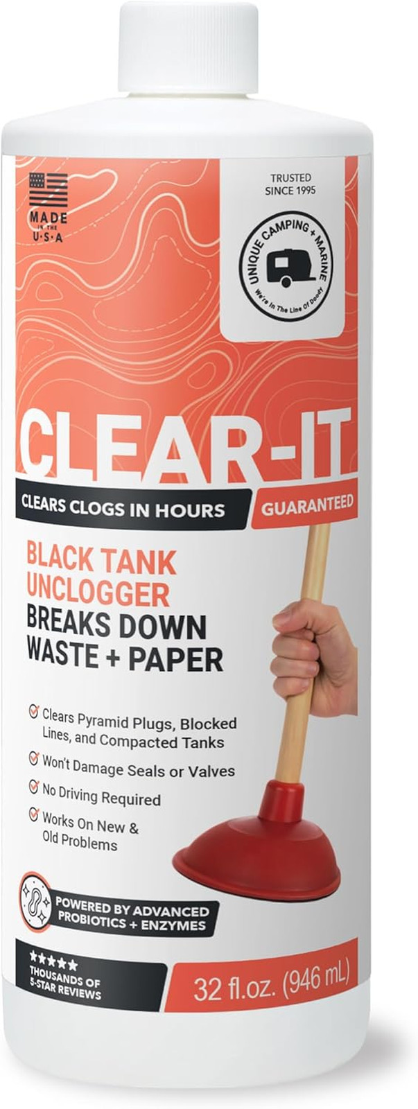 Clear-It RV Black Tank Unclogger Liquid – Breaks through Pyramid Plugs, Compacte