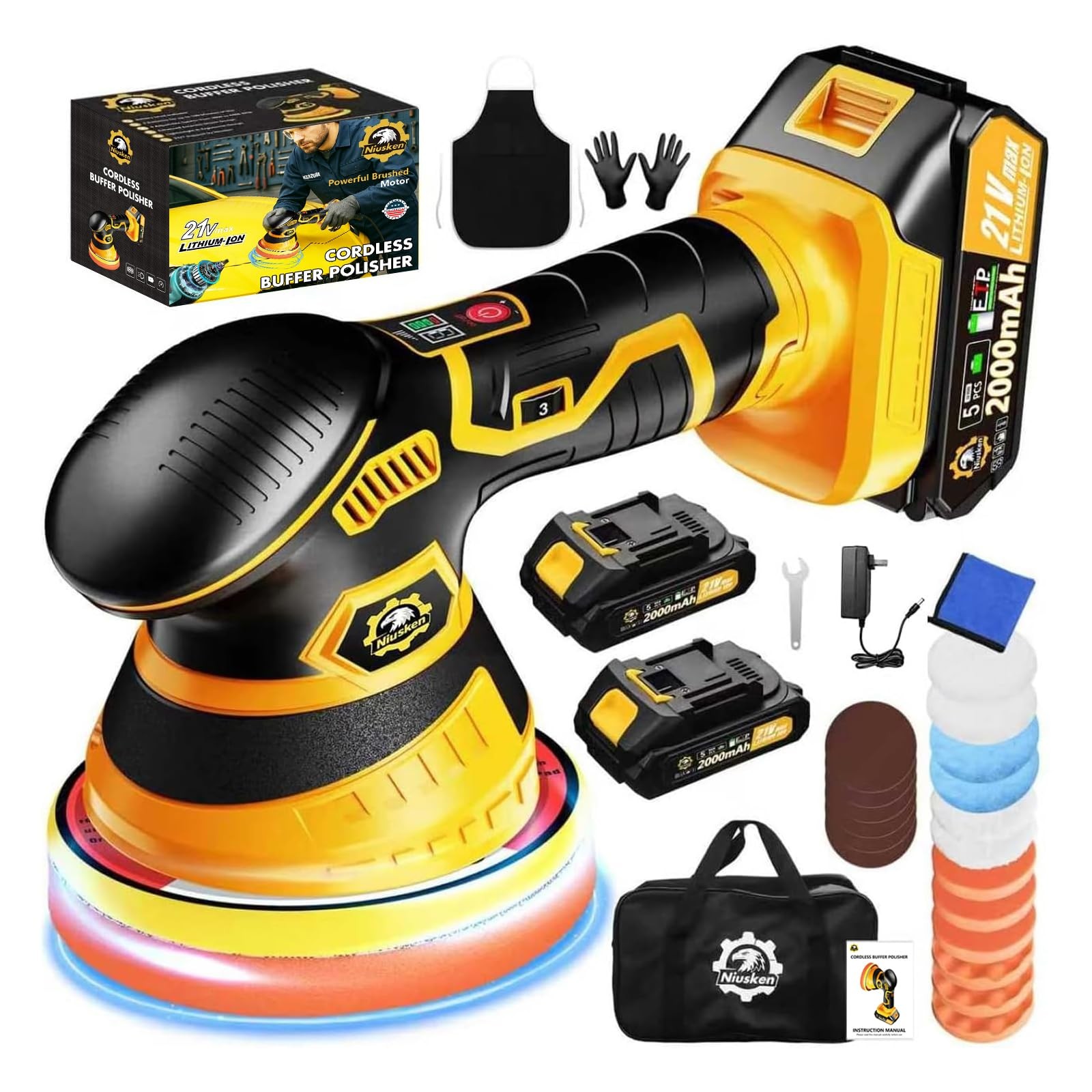 Cordless Car Buffer Polisher kit 2x 2000mAh 21V Batteries 18 PCS Attachments…