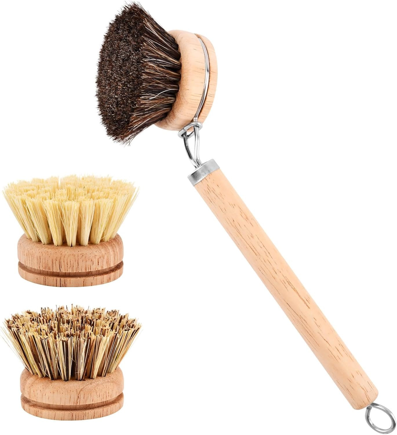 Bamboo Dish Brush Set, 1 Wooden Handle with 3 Natural Bristle Heads All Purpos