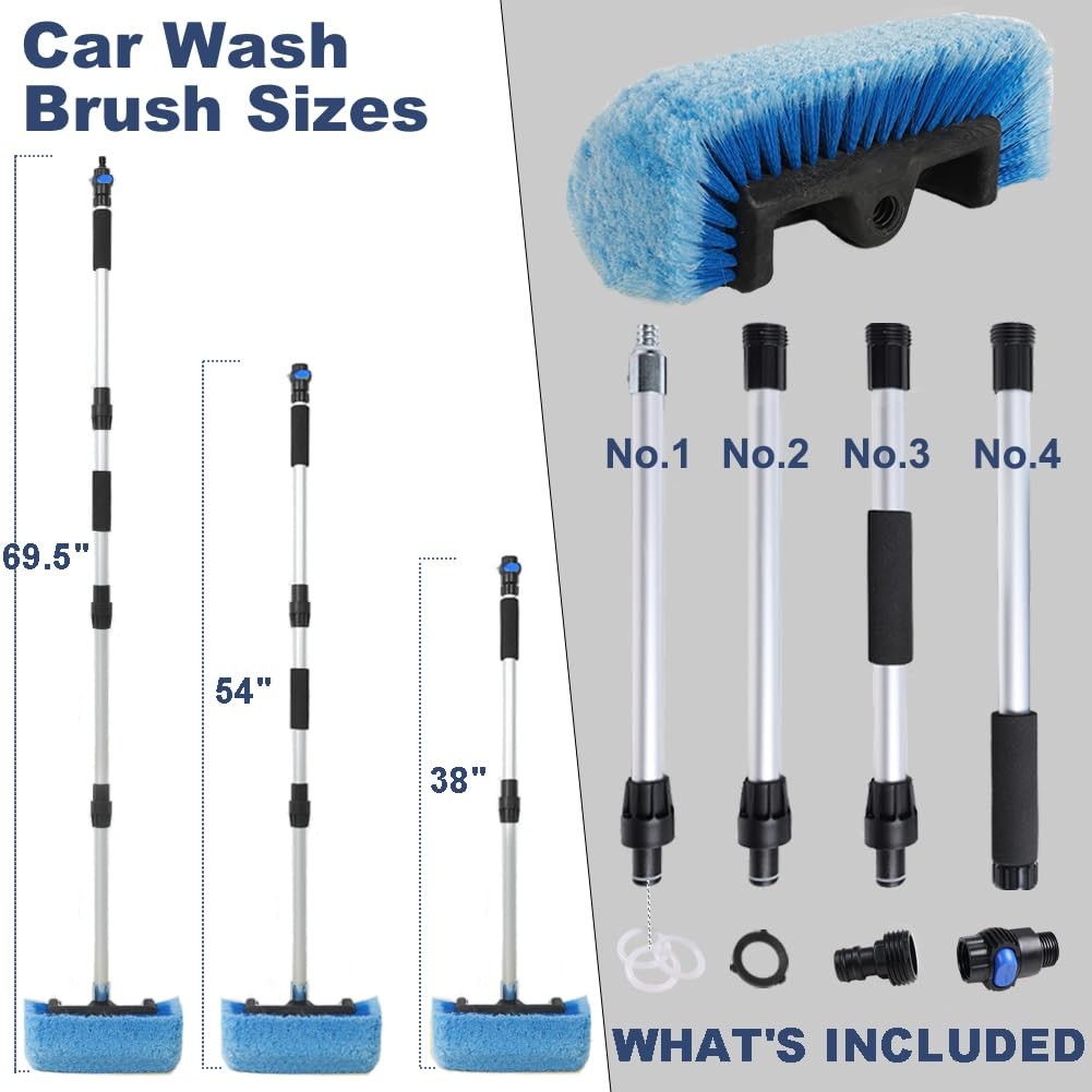 70″ Car Wash Brush with Long Handle and 12″ Soft Bristle Brush Head, Water Fl…