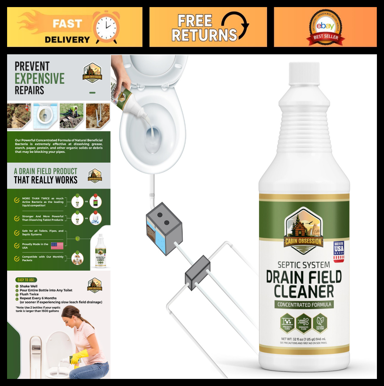 Professional Strength Septic System Cleaner – 32 oz Shock Treatment for Clogs, D