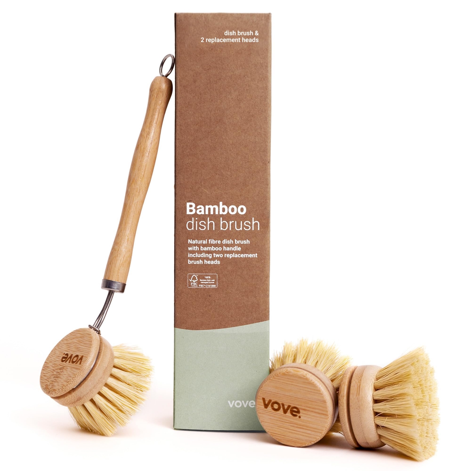 Eco-Friendly Bamboo Dish Brush with 3 Natural Bristle Replacement Heads