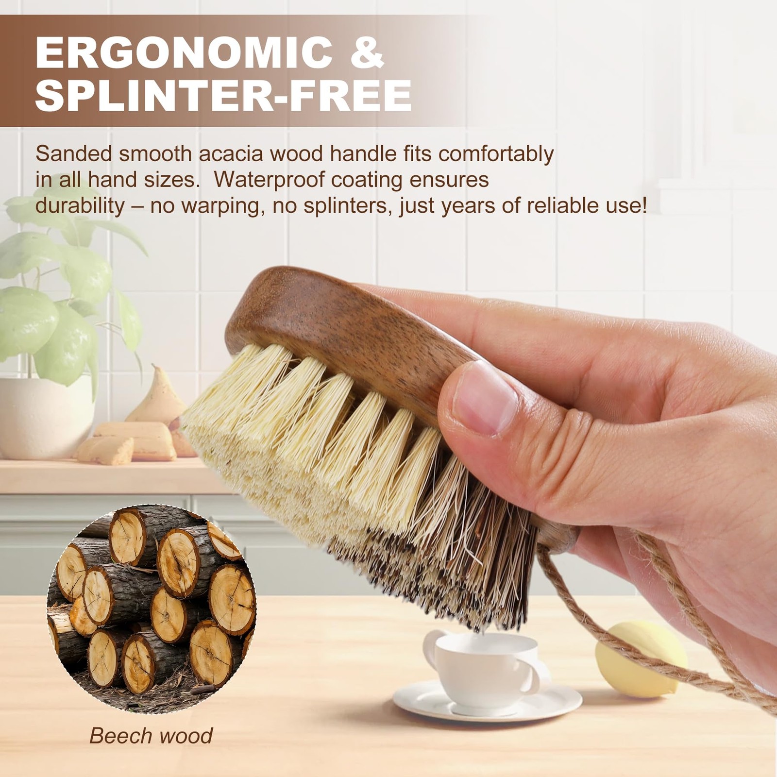 Wooden Vegetable Brush Scrubber for Food – Dual Bristle Sisal & Palm Fiber wit