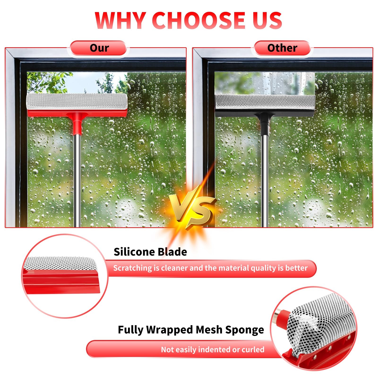2-In-1 Window Squeegee Cleaner Sponge & Soft Rubber Strip w/ Retractable Handle