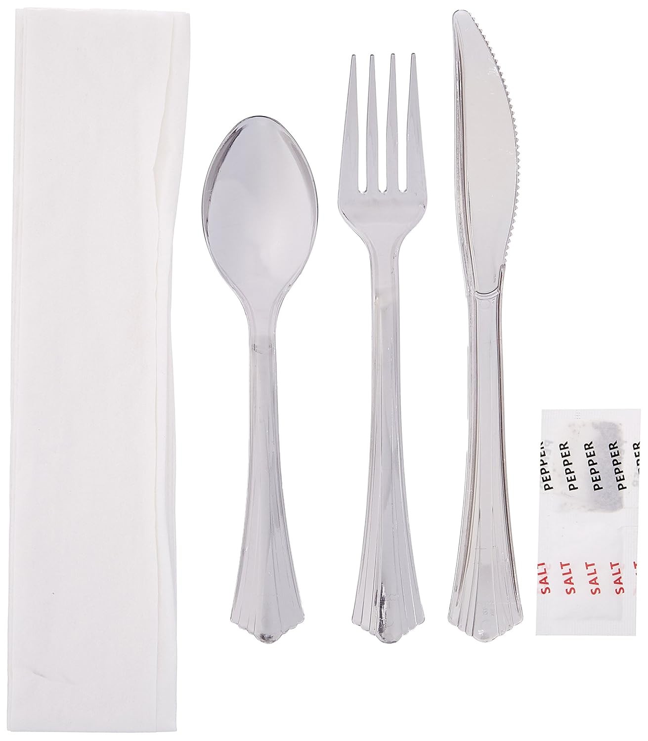Reflections Plastic Fork, Knife, Spoon, Salt, Pepper, Paper Napkin Kit, Silver