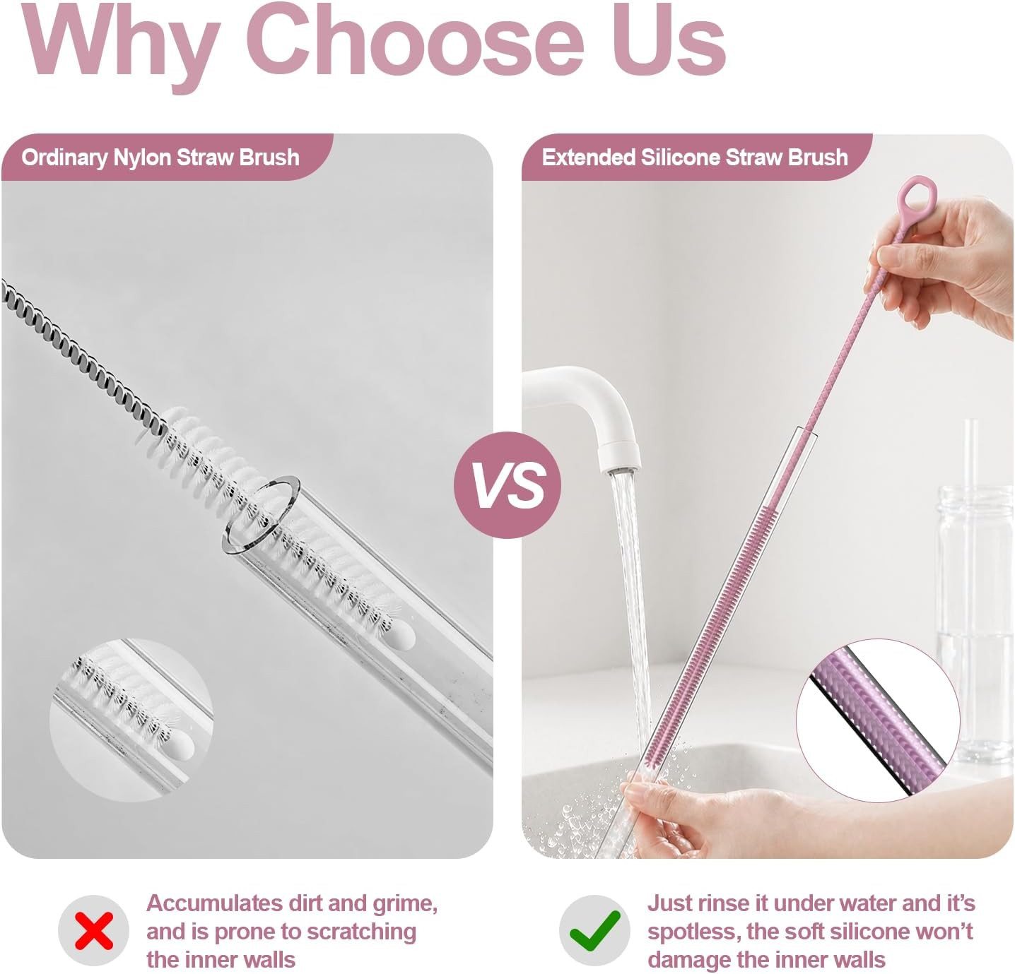 YOTIME Straw Cleaner Brush Extra Long 12.6 Inch, 2Pcs Reusable Silicone Straw Br