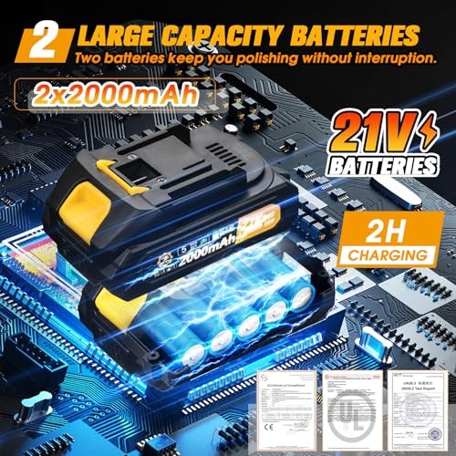 Cordless Car Buffer Polisher kit [2x 2000mAh 21V Batteries & 18 PCS Attachments]