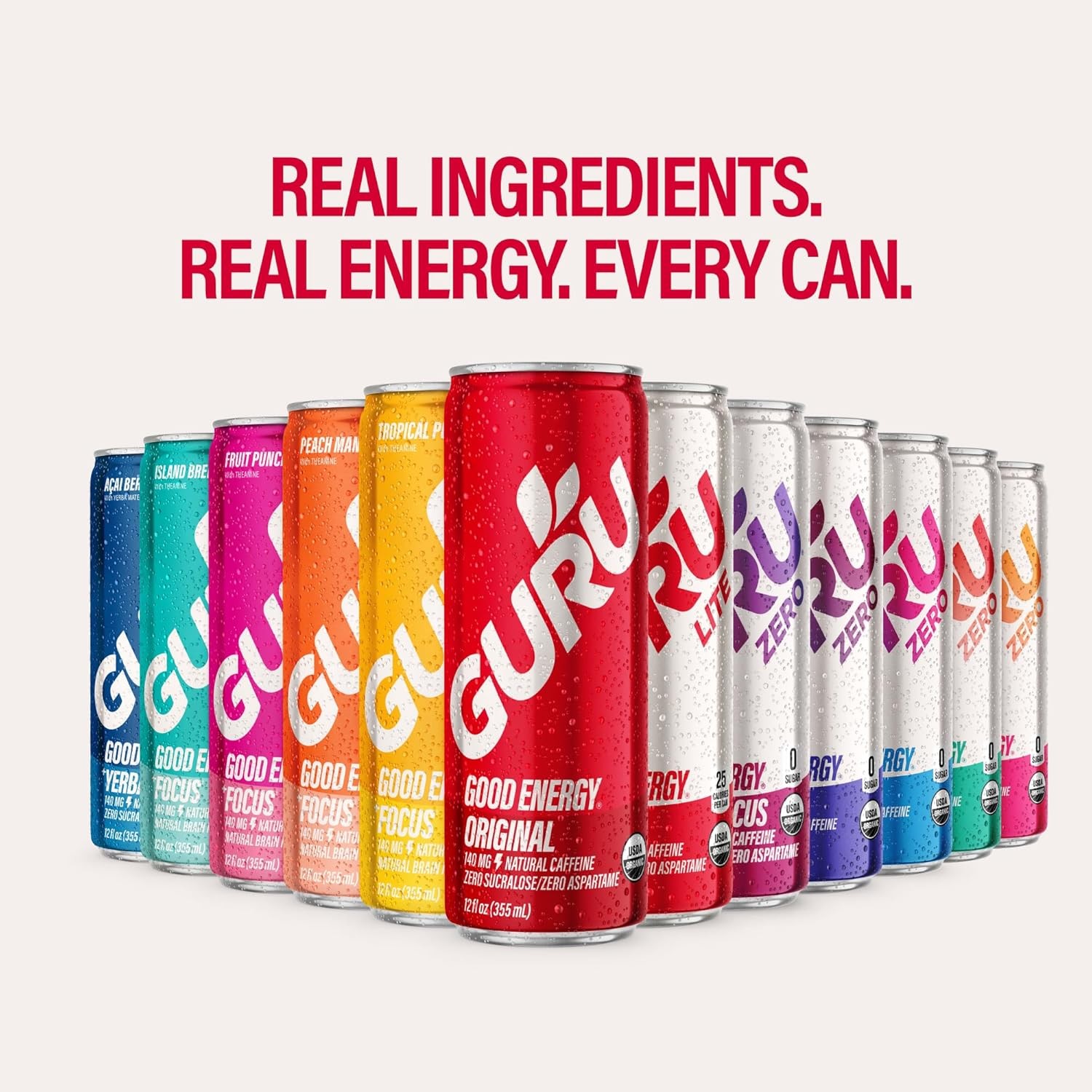 GURU Energy Drink Lite, Organic Sparkling Energy Drink with Real Fruit Juice,
