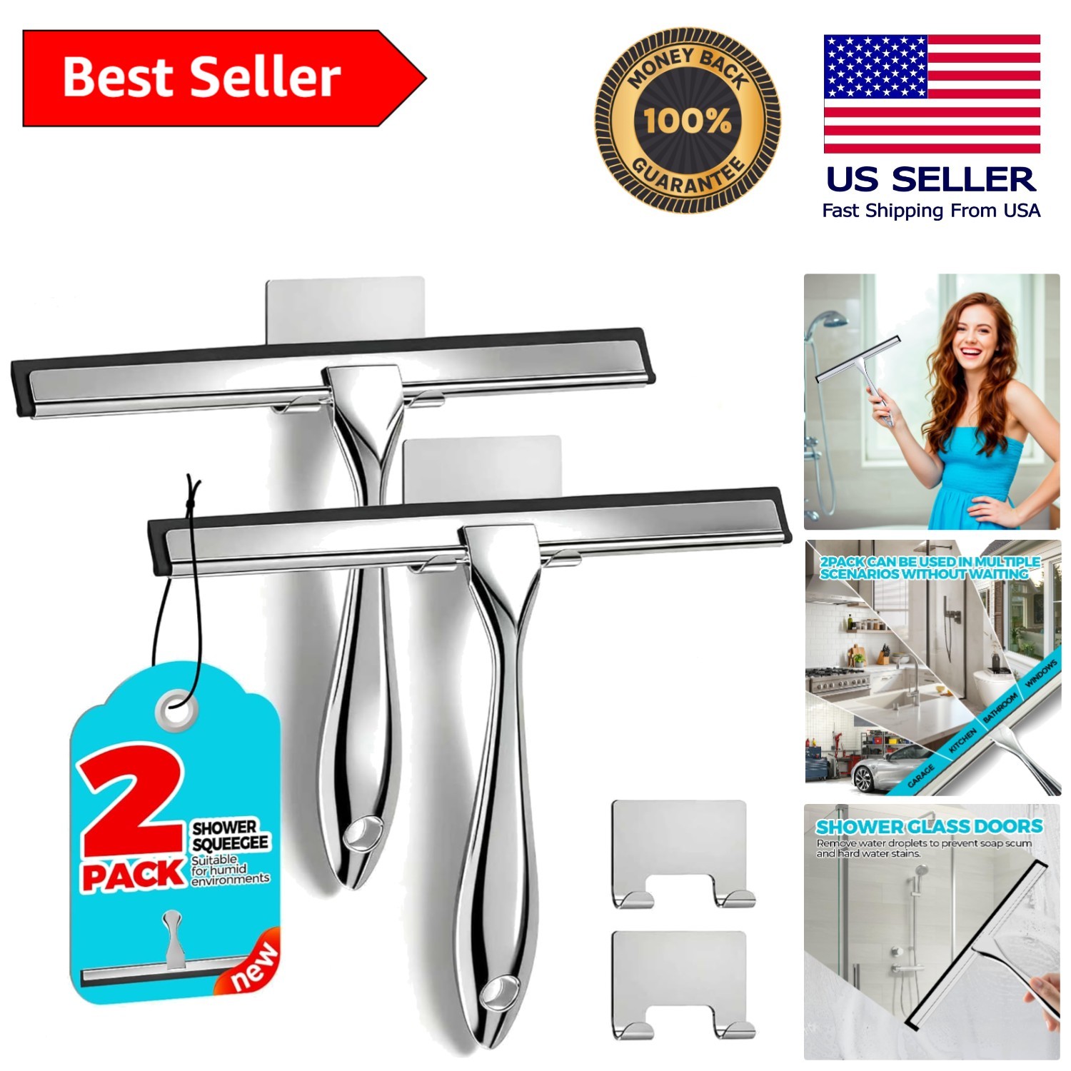 Durable Stainless Steel Shower Squeegee – 10-Inch Soft Blade for Clean Surfaces