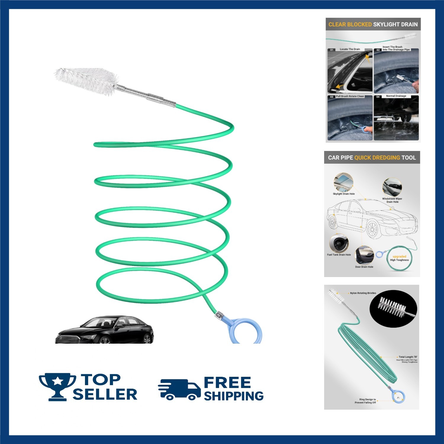 Auto Sunroof Drain Cleaning Tool, 78 Inch Flexible Drain Brush Long Pipe Cleaner