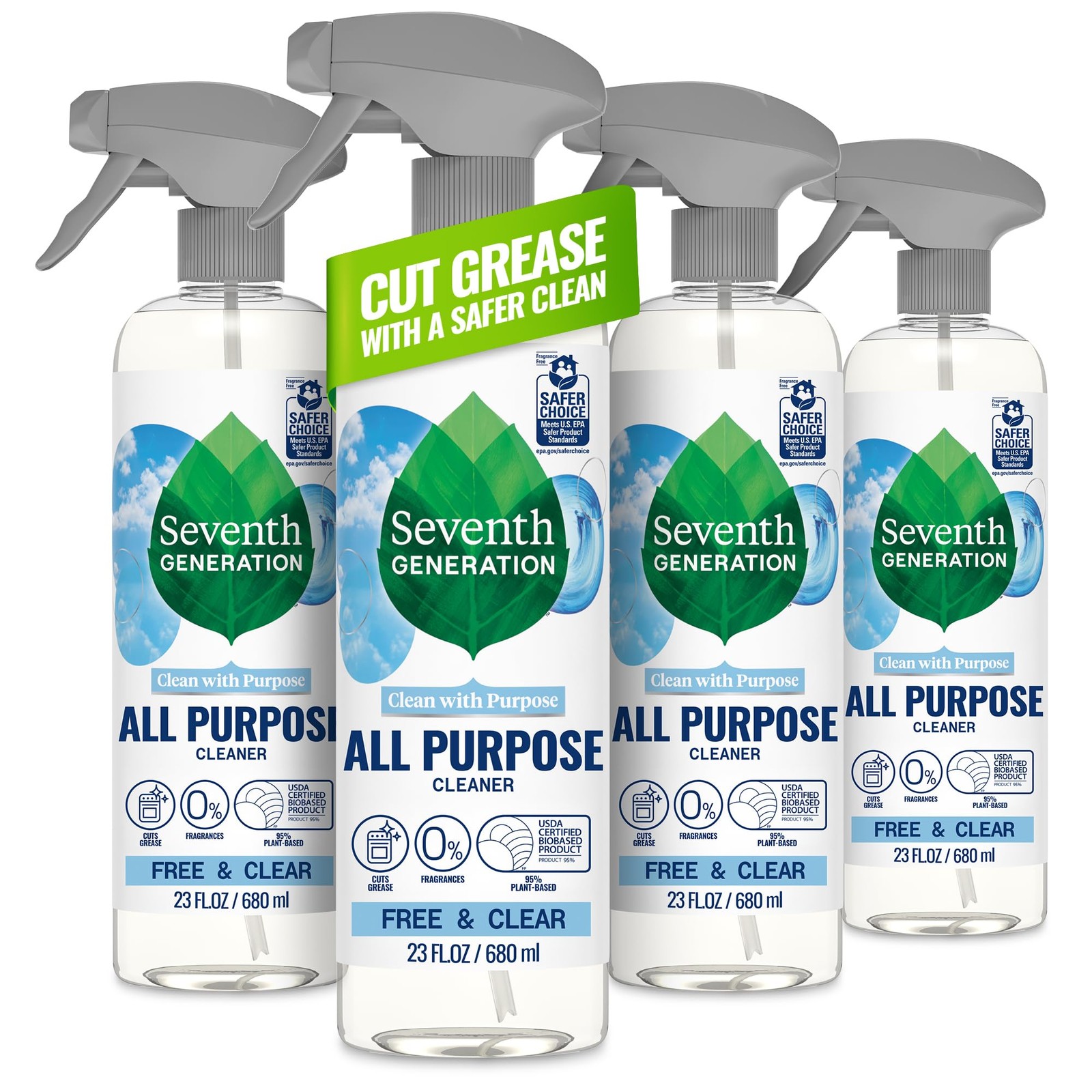 Seventh Generation All Purpose Cleaner, Free & 23 Fl Oz (Pack of 4), White