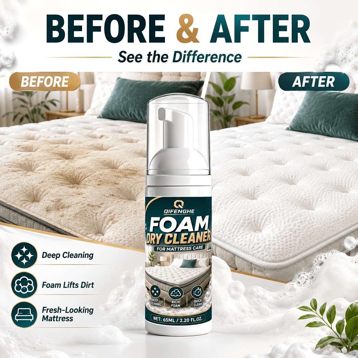 Mattress Foam Dry Cleaner, No Water Needed Deep Stain Remover for Mattress And F
