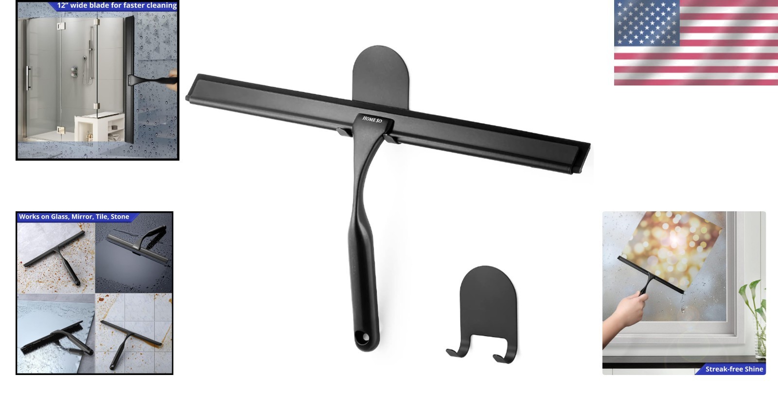 Heavy Duty 12-Inch Matte Black Shower Squeegee – Perfect for Windows & Glass