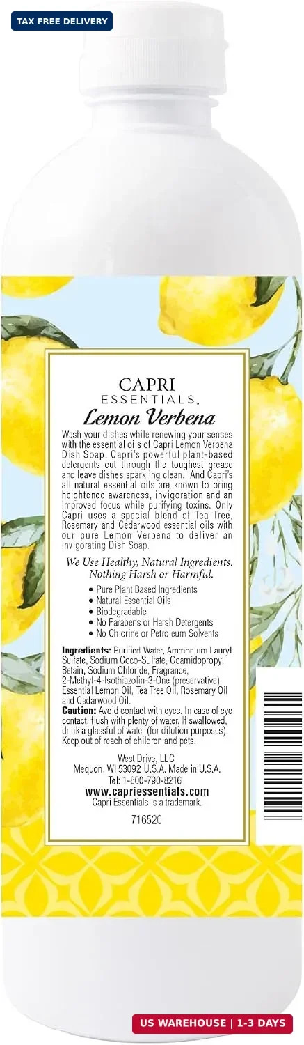CAPRI ESSENTIALS Dish Soap Liquid, Natural Household Cleaning Supplies, Plant Ba