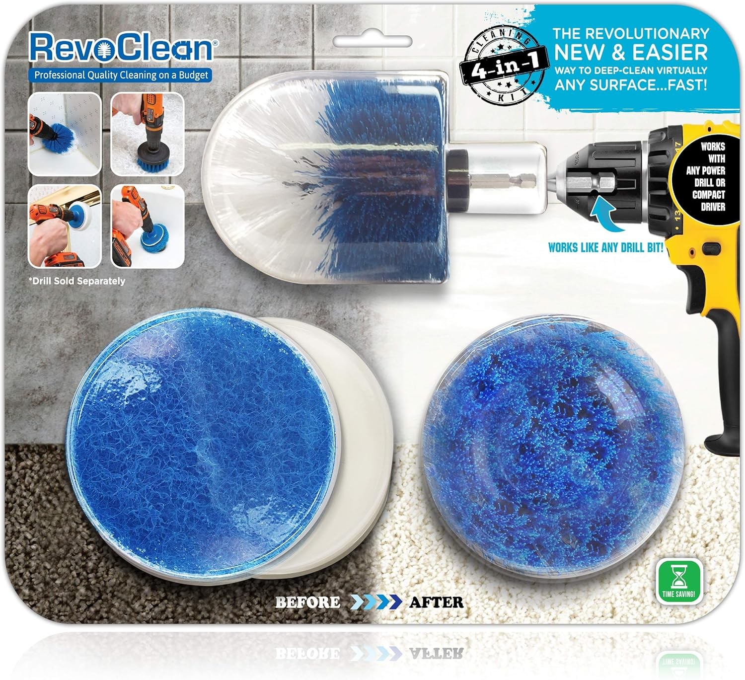 RevoClean Drill Brush Set: 4-Piece Power Scrubber for Tile, Grout, Shower