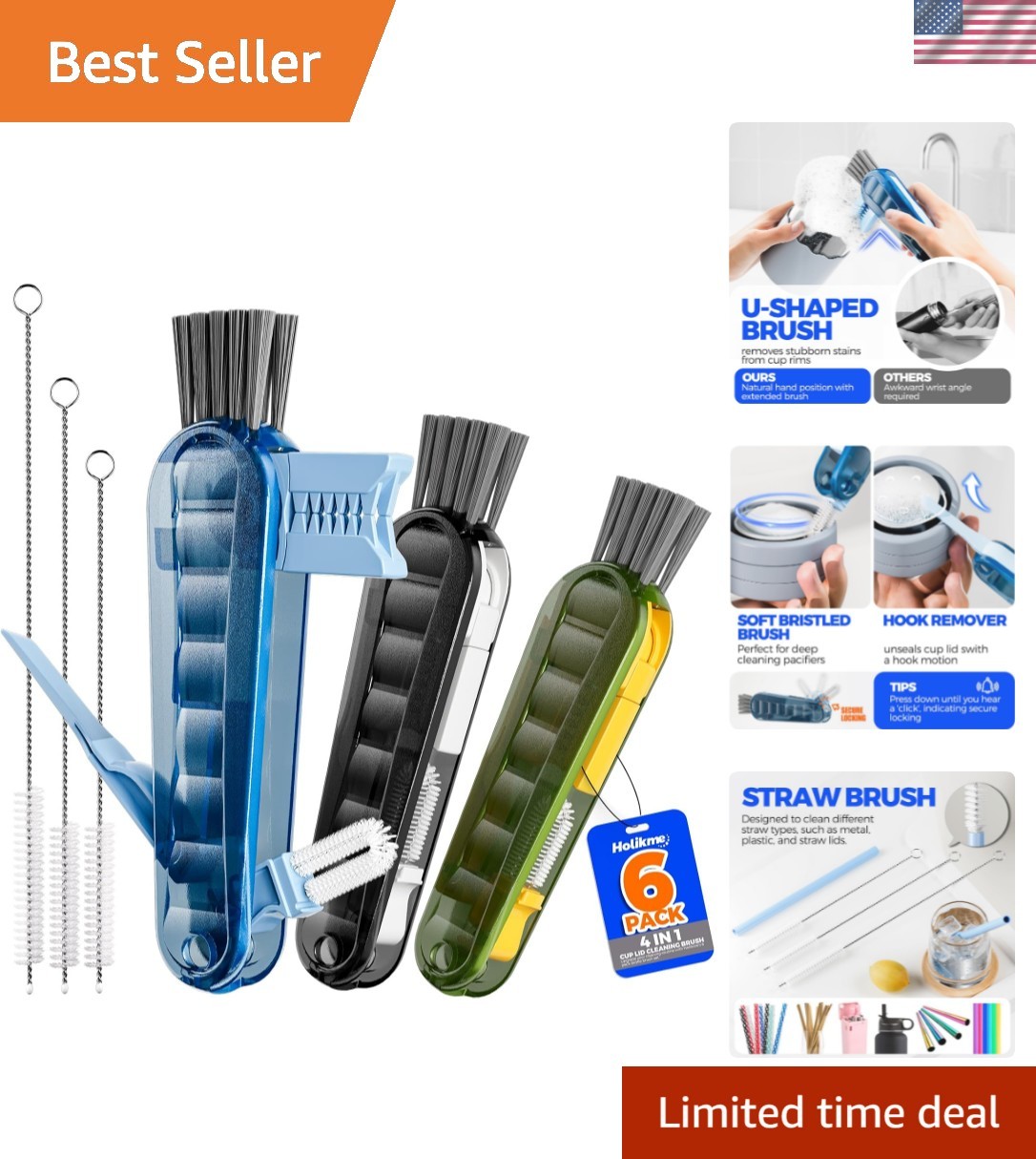 6 Pack 4 in 1 Cup Lid Cleaning Brush Set with 3 Straws, Multifunctional Bottl…