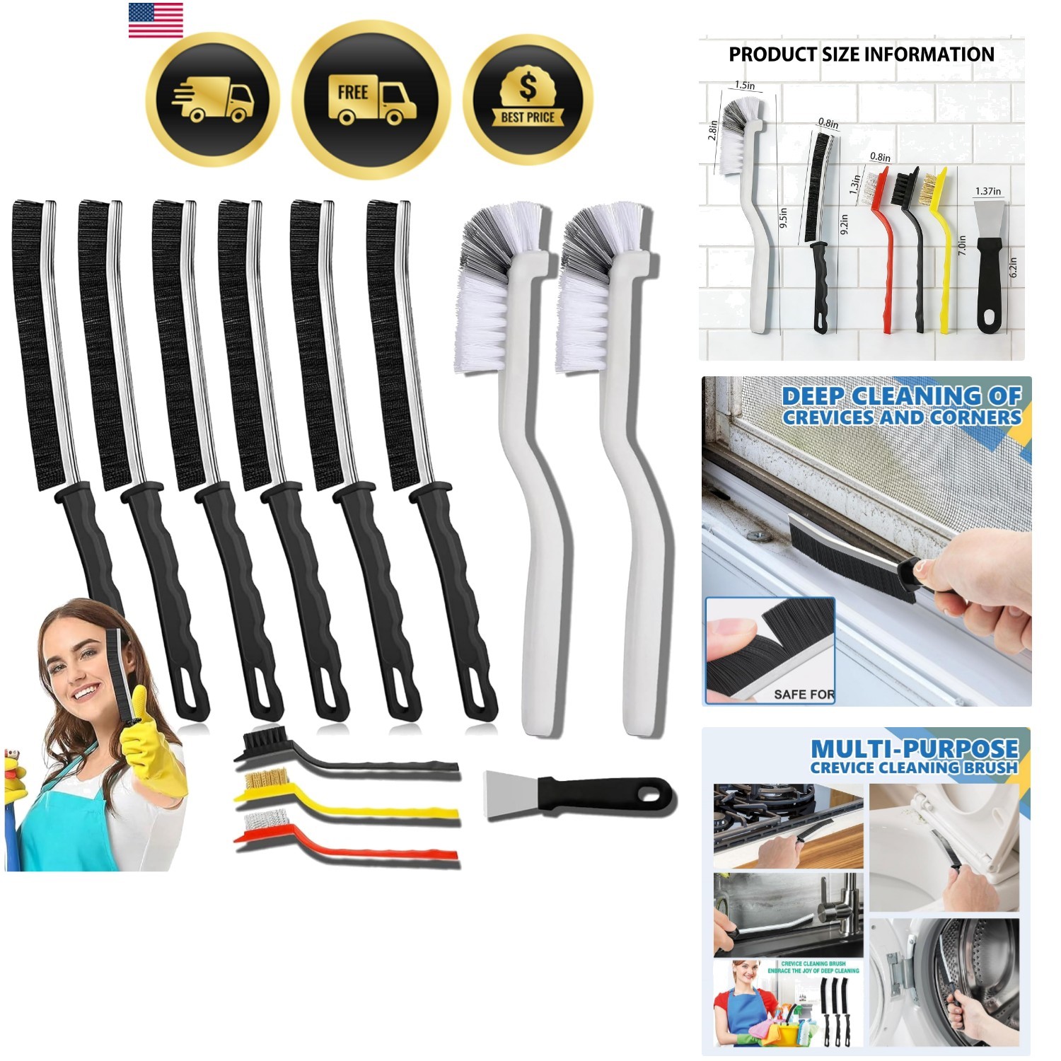 Crevice Cleaning Brush Set 12 Pack – Hard Bristle Gap Cleaning Tool for Windo…