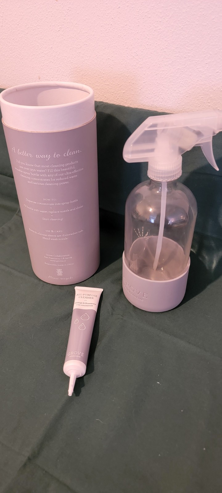 Grove Collaborative 16 oz Glass Spray Bottle With Silicone Light Gray Sleeve New