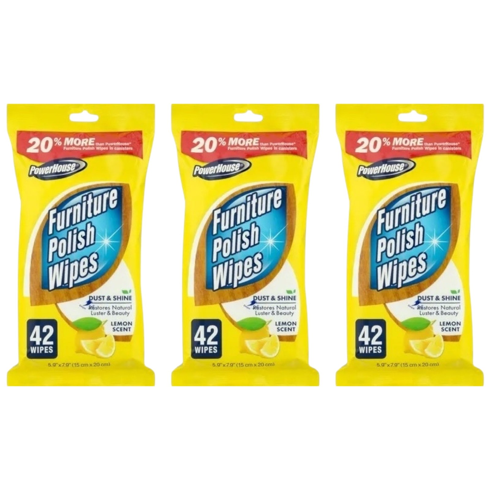 PowerHouse Furniture Polish Wipes (Lemon Scent), 42 Wipes (Pack of 3)