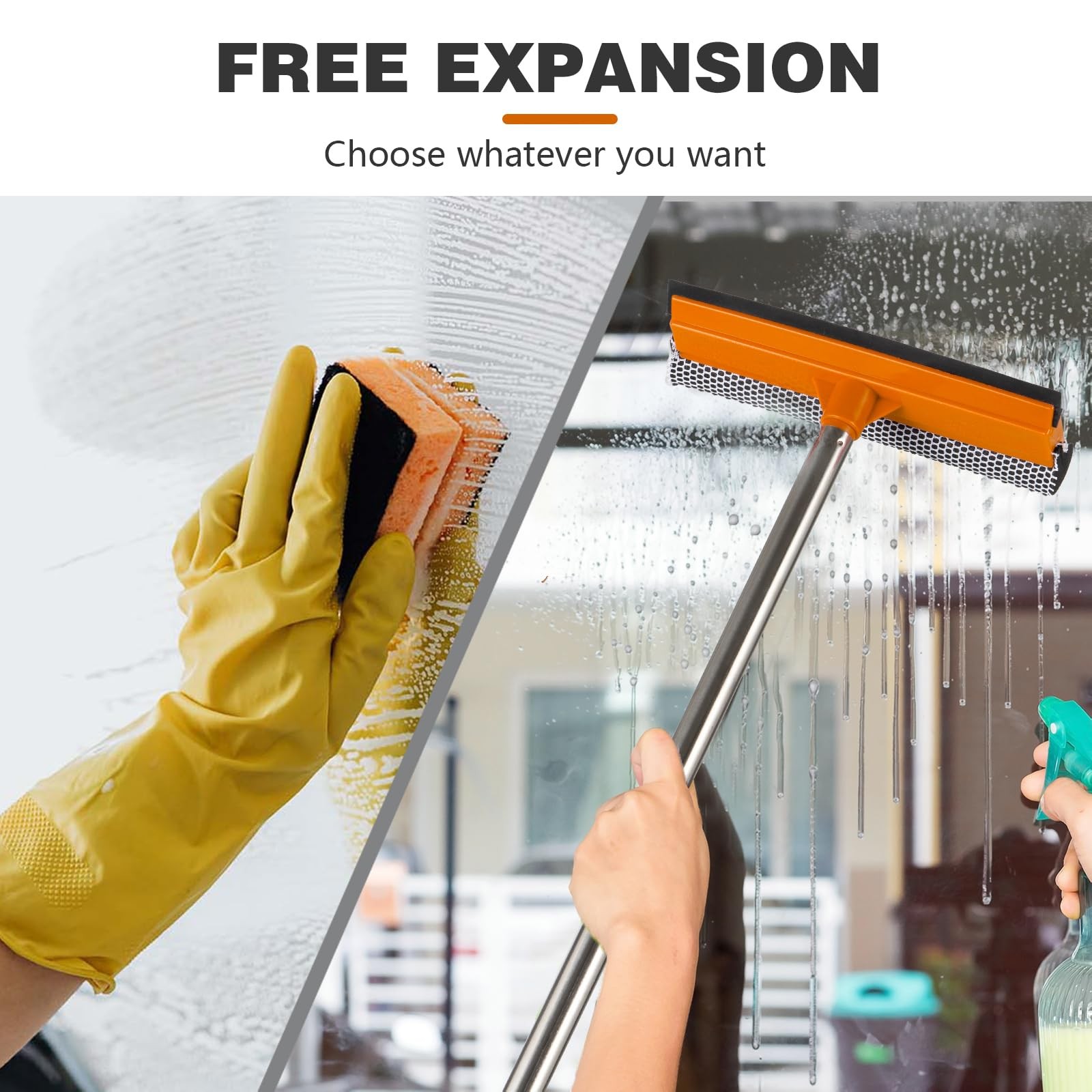 15.9″ Window Squeegee with Extension Pole – 2-in-1 Glass Cleaner and Sponge S…