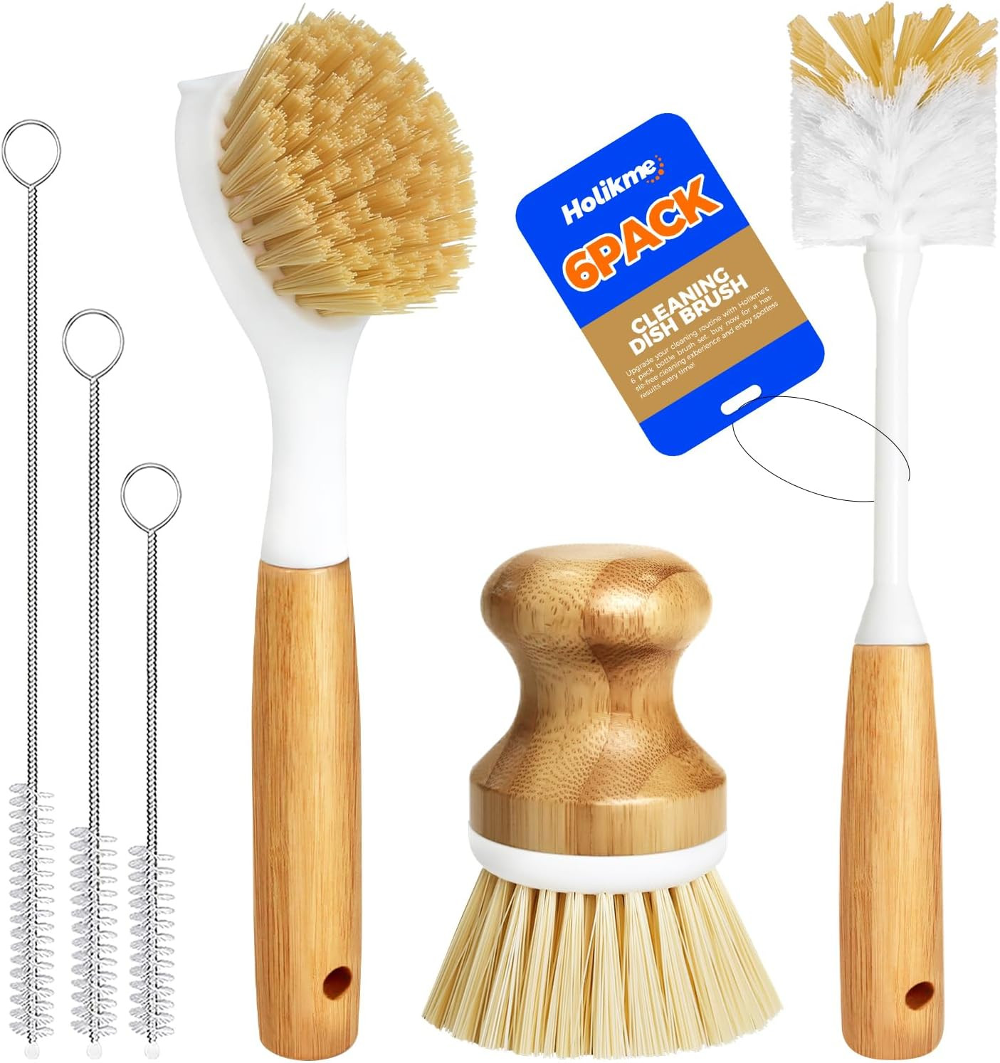 6 Pack Dish Brush Scouring Pad Set with Bottle Brush Dish Brush Palm Scrub Brush