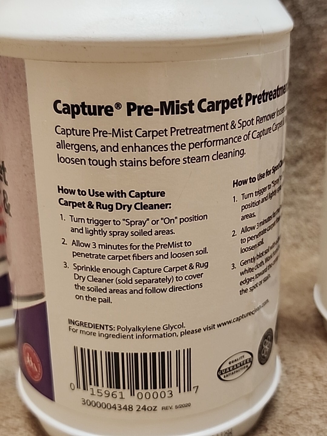 Lot of 3: Capture Pre-Mist Carpet Pretreatment &Spot Remover. 24 oz. Each Bottle