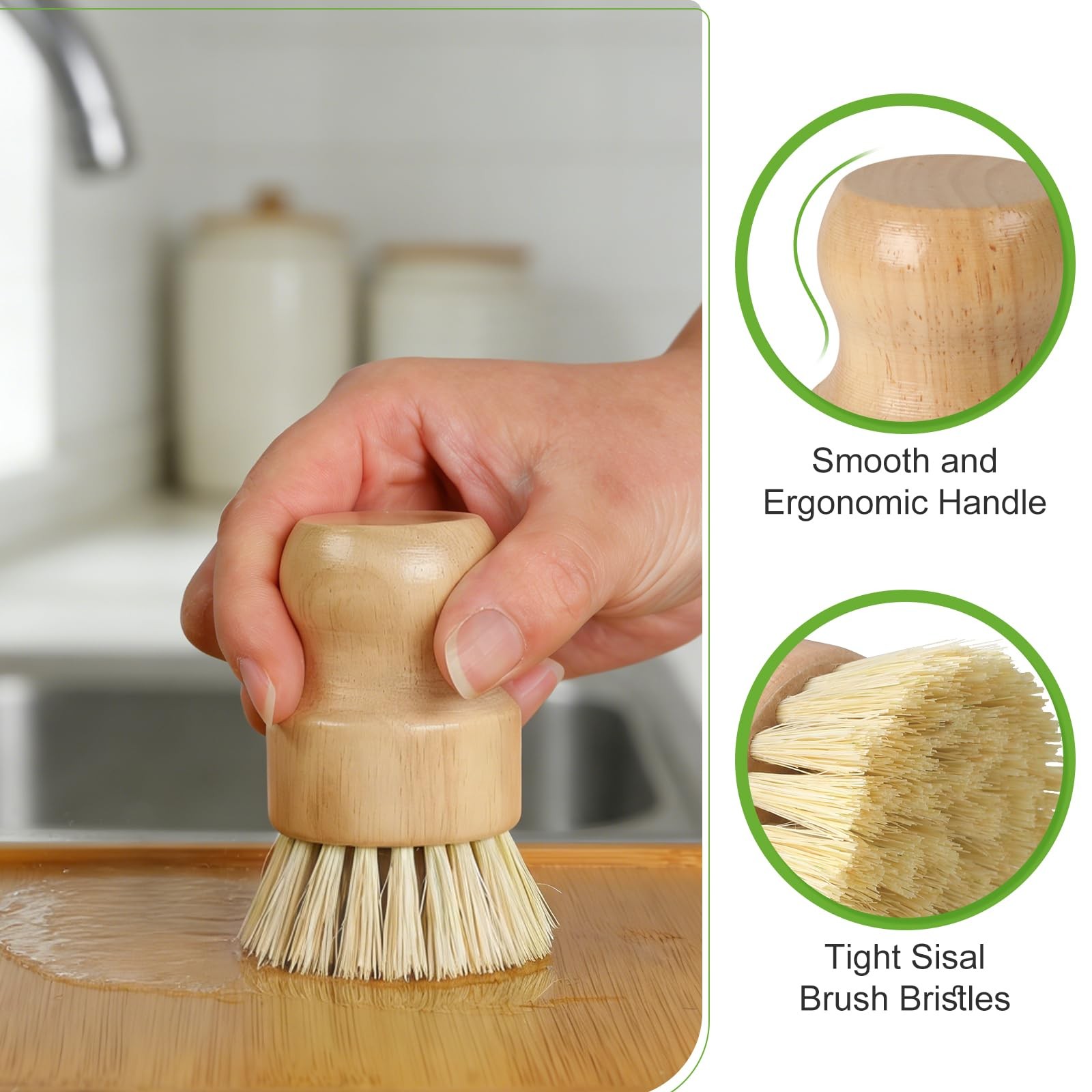 4 Pack Bamboo Dish Brush Set, Natural Kitchen Scrub Brush with Sisal Bristles…