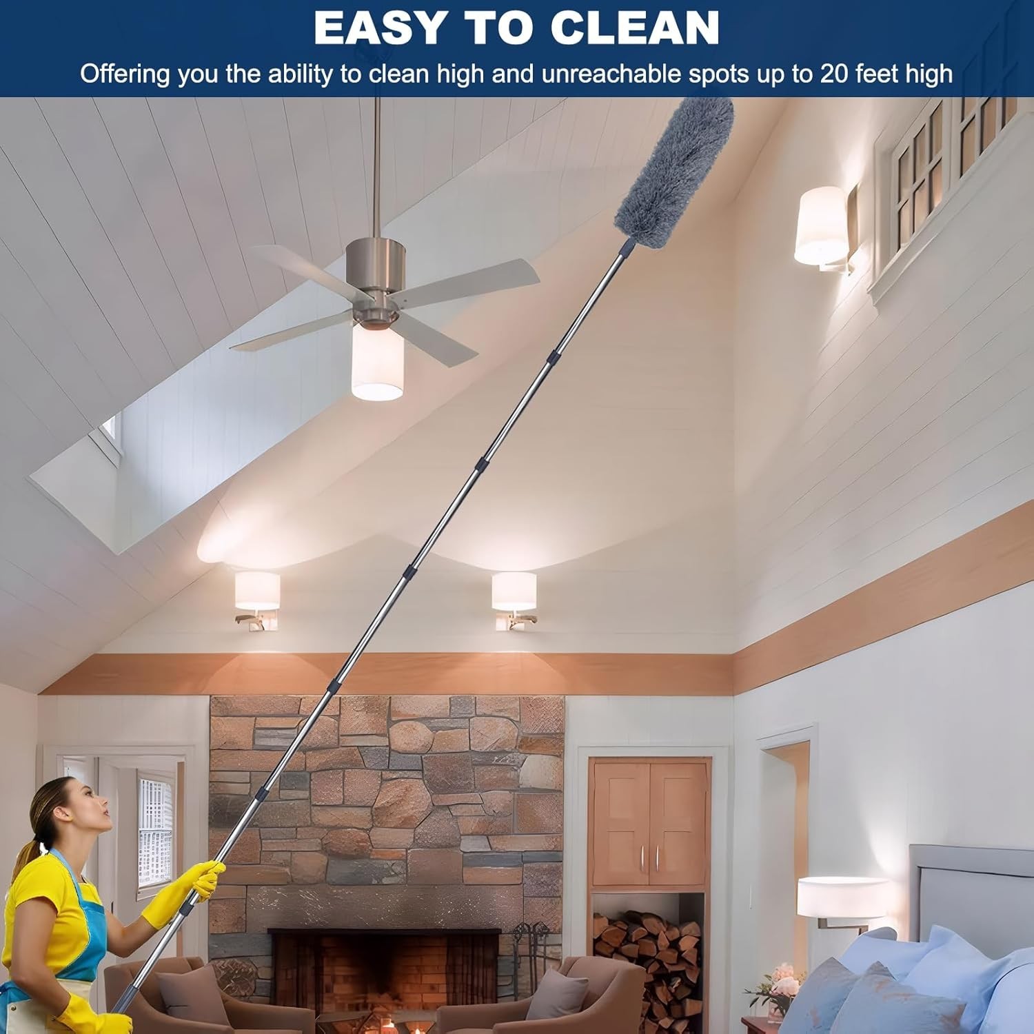 20Ft High Reach Cobweb Duster with Extension Pole Spider Web Brush Grey