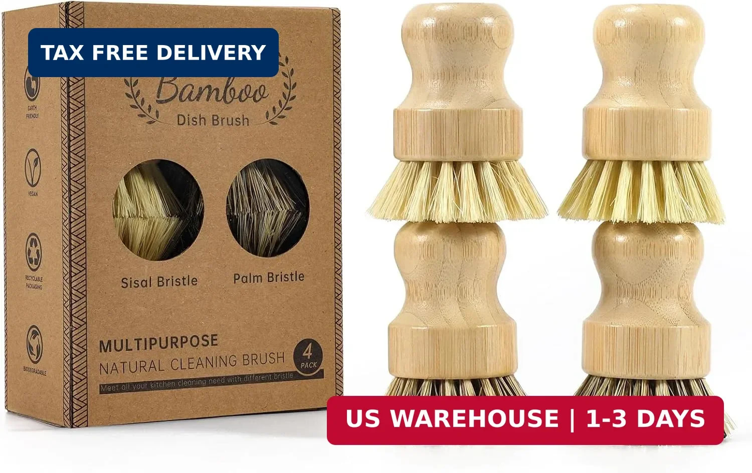 4 Pack Bamboo Dish Brush Set, Natural Palm Dish Scrubber for Pots and Vegetables