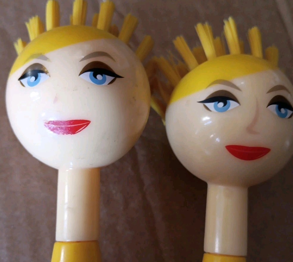 Two 2 Yellow Haired Girl Head Scrub Brushes New Unused