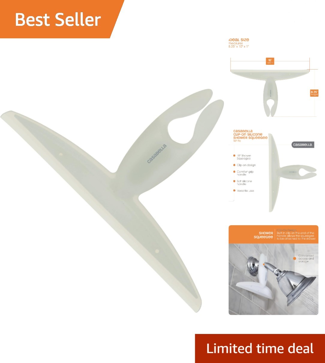 Elegant White Shower Squeegee – 10-Inch Clip-On Silicone Blade for Easy Cleaning