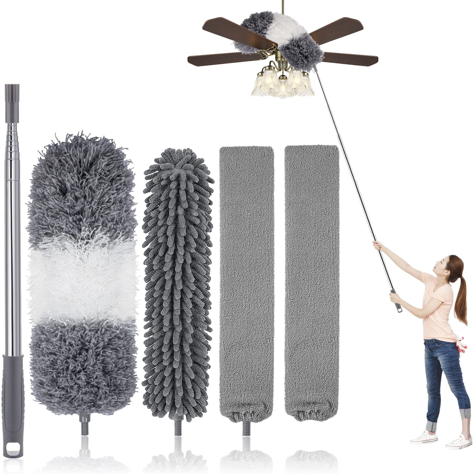 Microfiber Feather Duster Kit 5 Pcs 30–100″ Bendable Washable Extendable Heads