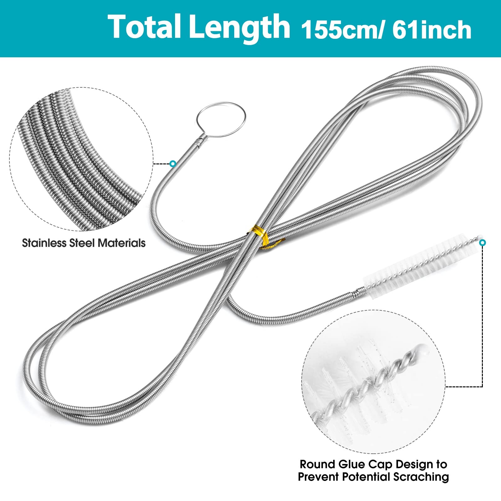 Drain Brush with Stronger Spring 61-Inch Stainless Steel and Nylon Pipe Cleaner