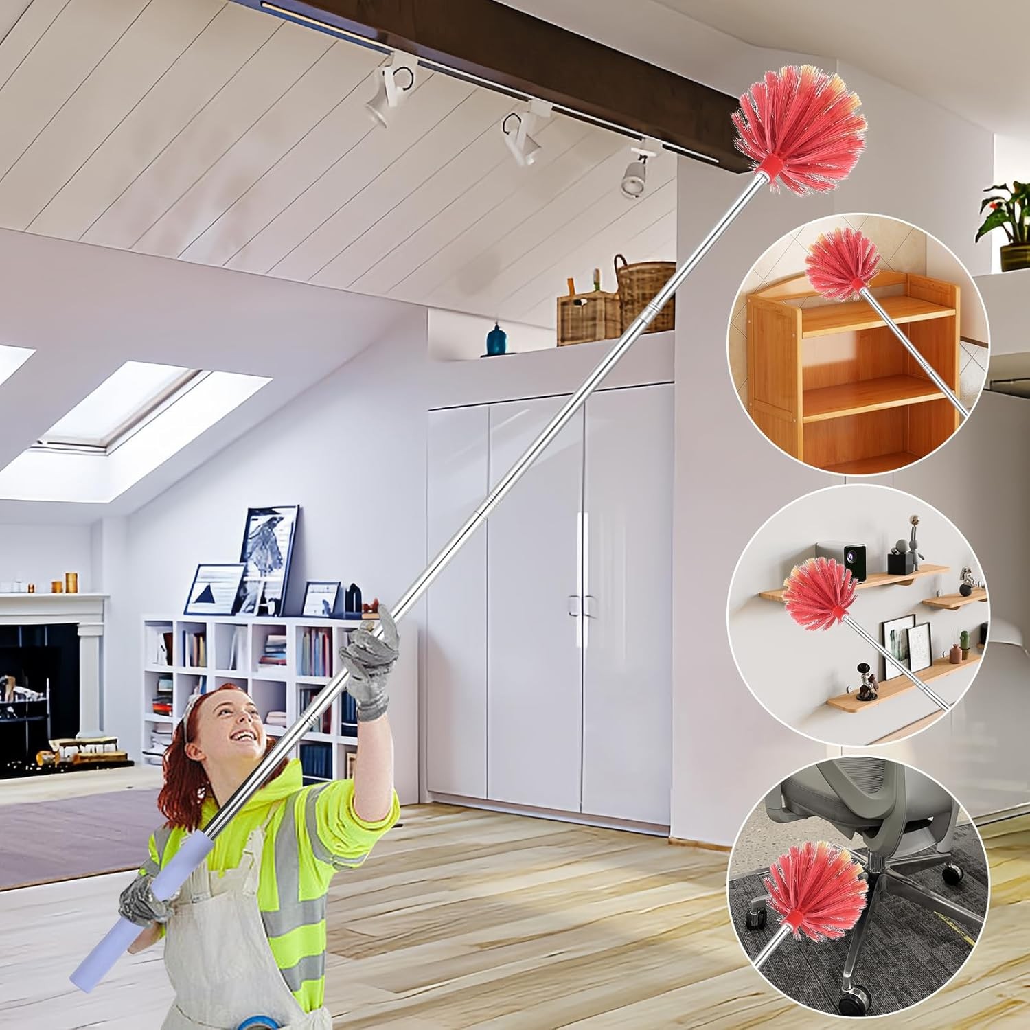 Cobweb Duster with Extension Pole, 59″ Adjustable Stainless Steel Pole, Washable