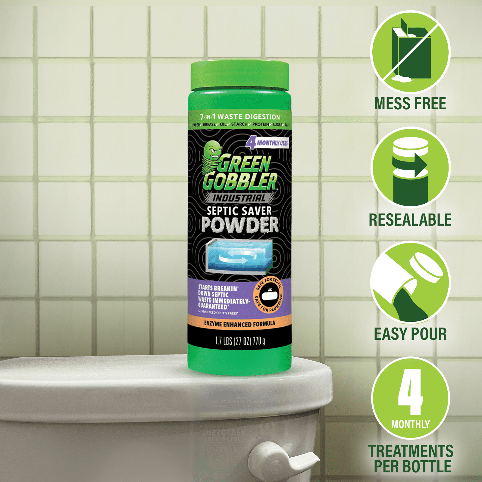 Green Gobbler Industrial Septic Saver Tank Treatment Powder – 4 Monthly Doses