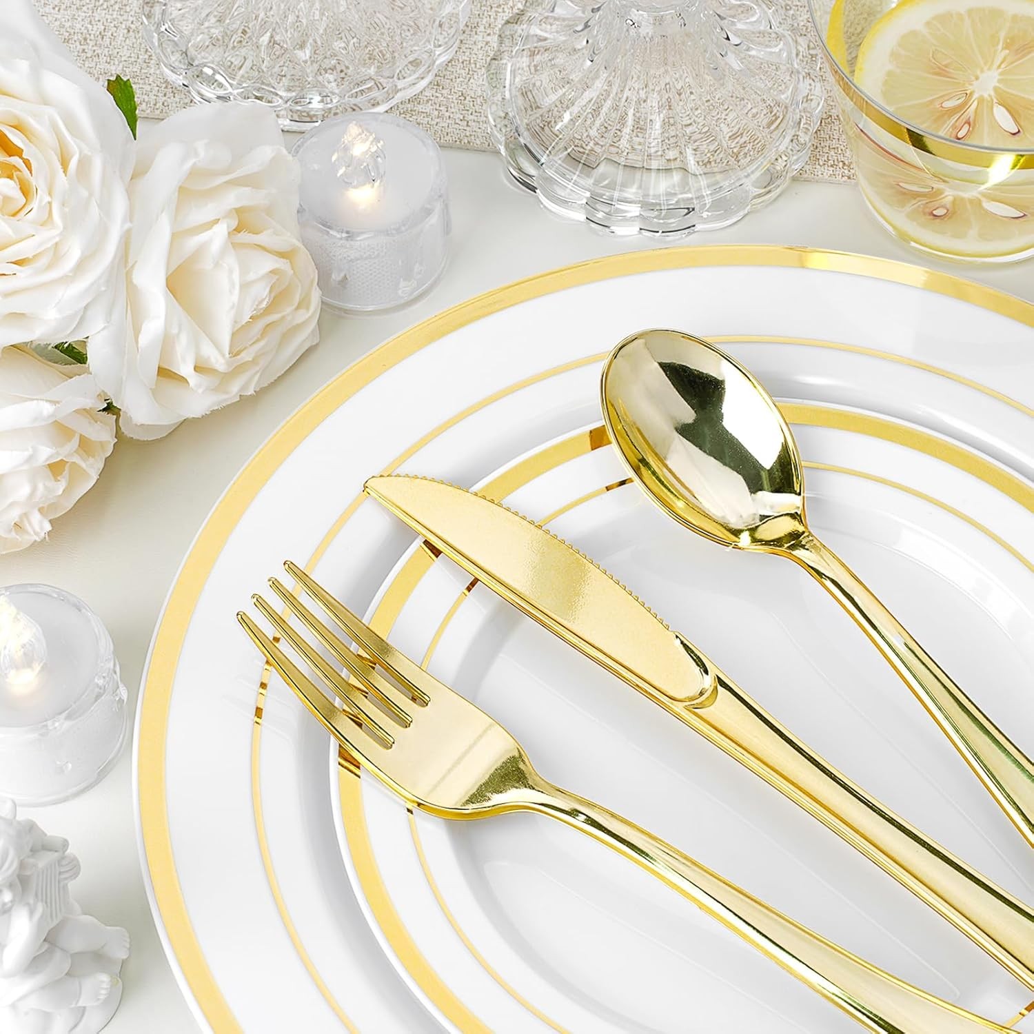 175 PCS White and Gold Plastic Dinnerware Set for 25 Guests, 50 Disposable Pla