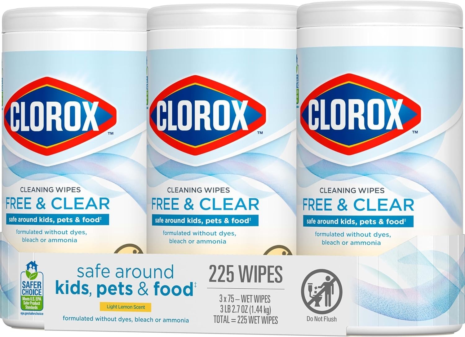 Free and Clear Cleaning Wipes Light Lemon Scent 75 Count Pack of 3