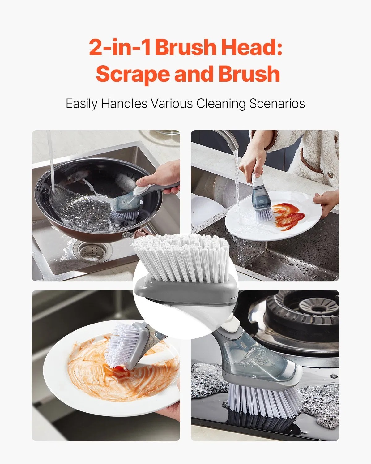 Soap Dispensing Dish Brush, Kitchen Scrub Brushes with 3 Brush Heads, Dish Clean