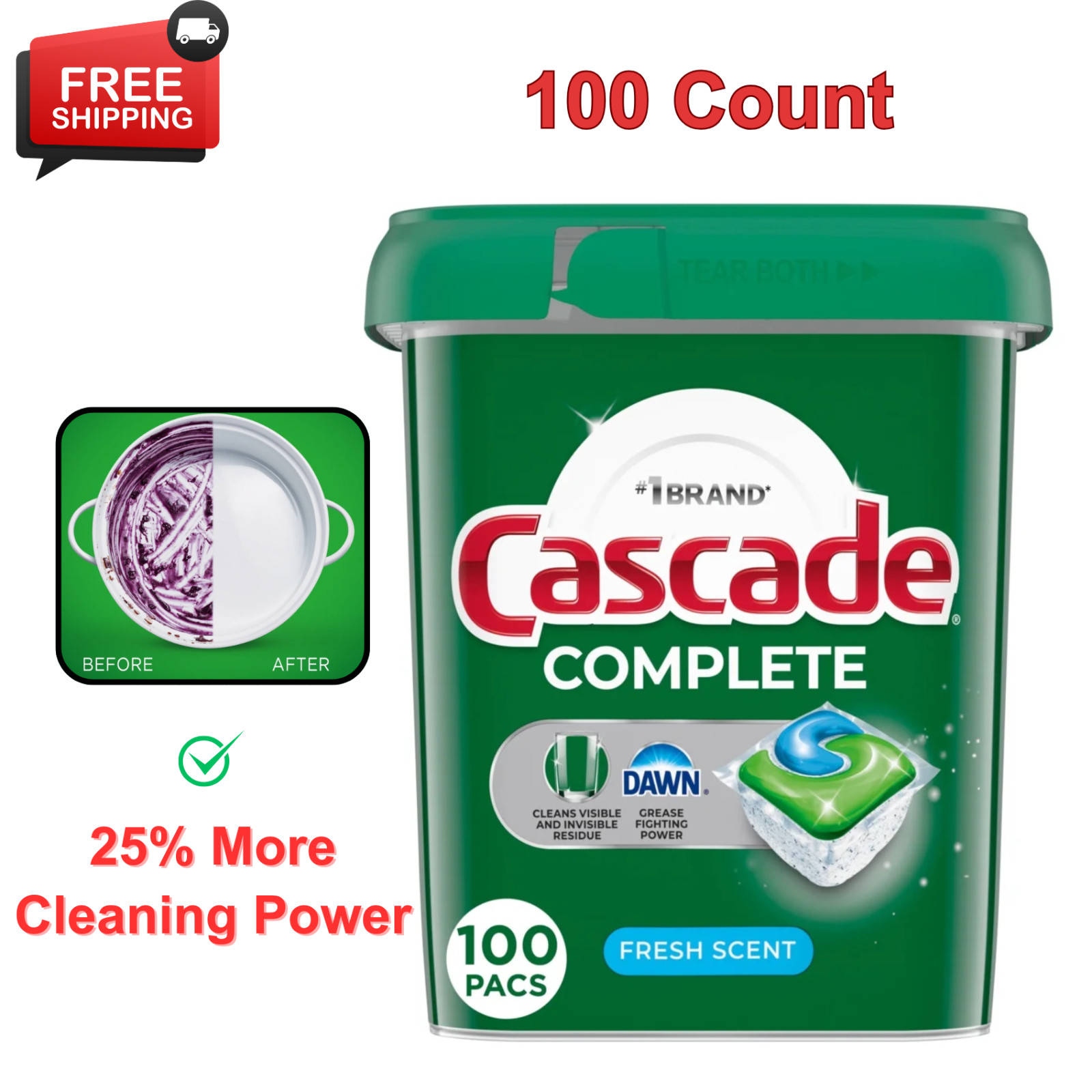 Cascade Complete Dishwasher Pods, Action Pacs Detergent Tabs, Fresh, 100 Count