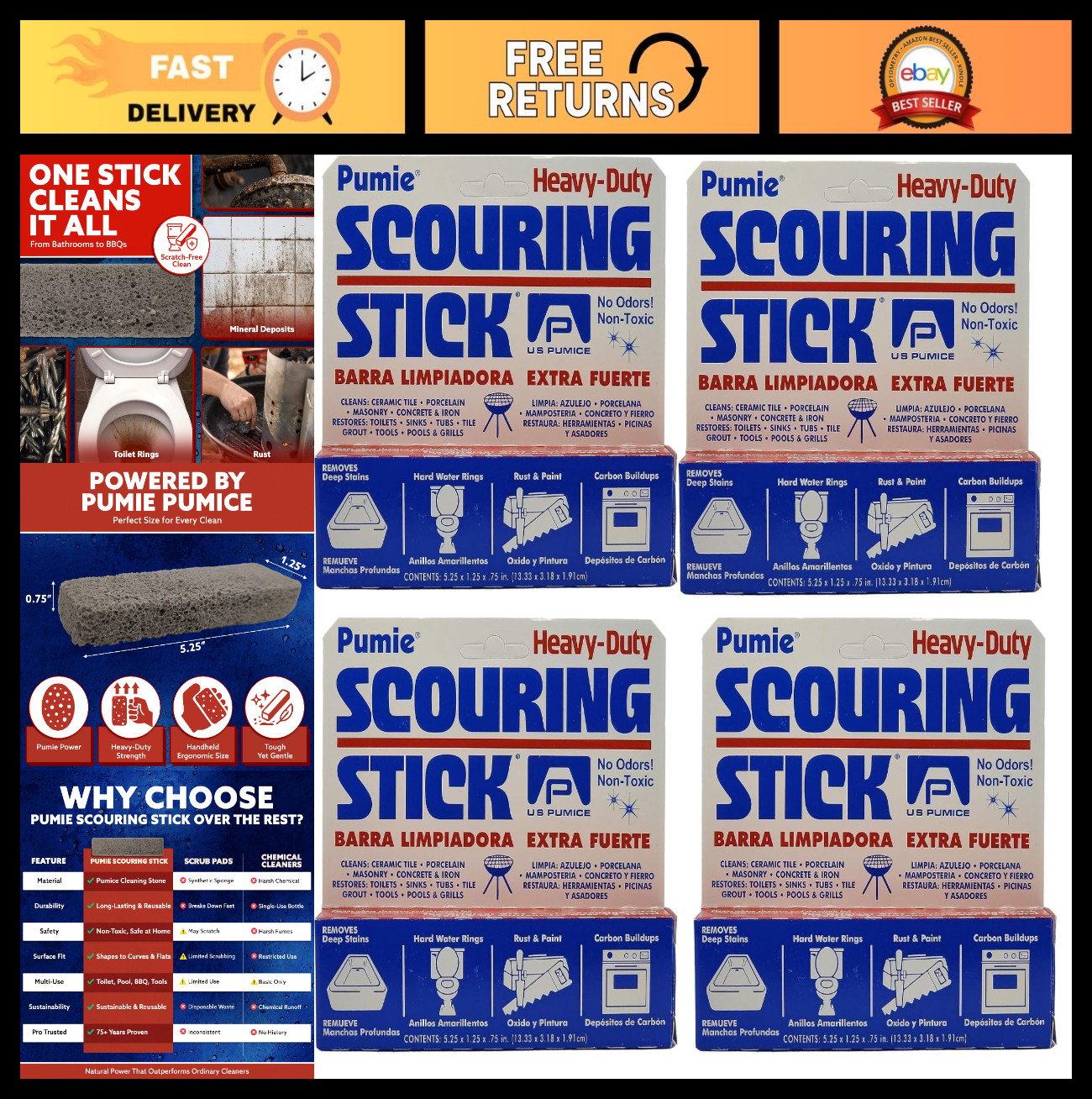 4-Pack Heavy Duty Pumice Scouring Stick & Flexi Pad for Tough Stains, Grills, To