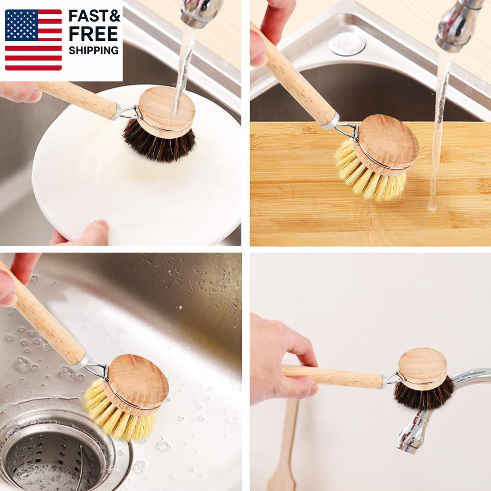 Bamboo Dish Brush Set, 1 Wooden Handle with 3 Natural Bristle Heads All Purpos