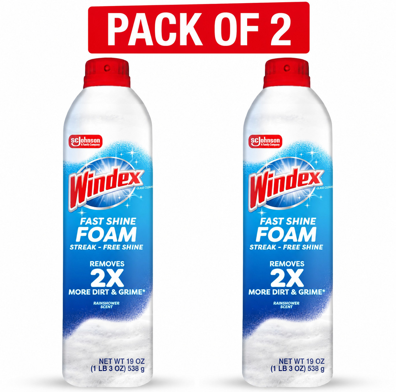Windex Fast Shine Foam Glass Cleaner, No-Drip 19 Fl Oz, White (Pack of 2)