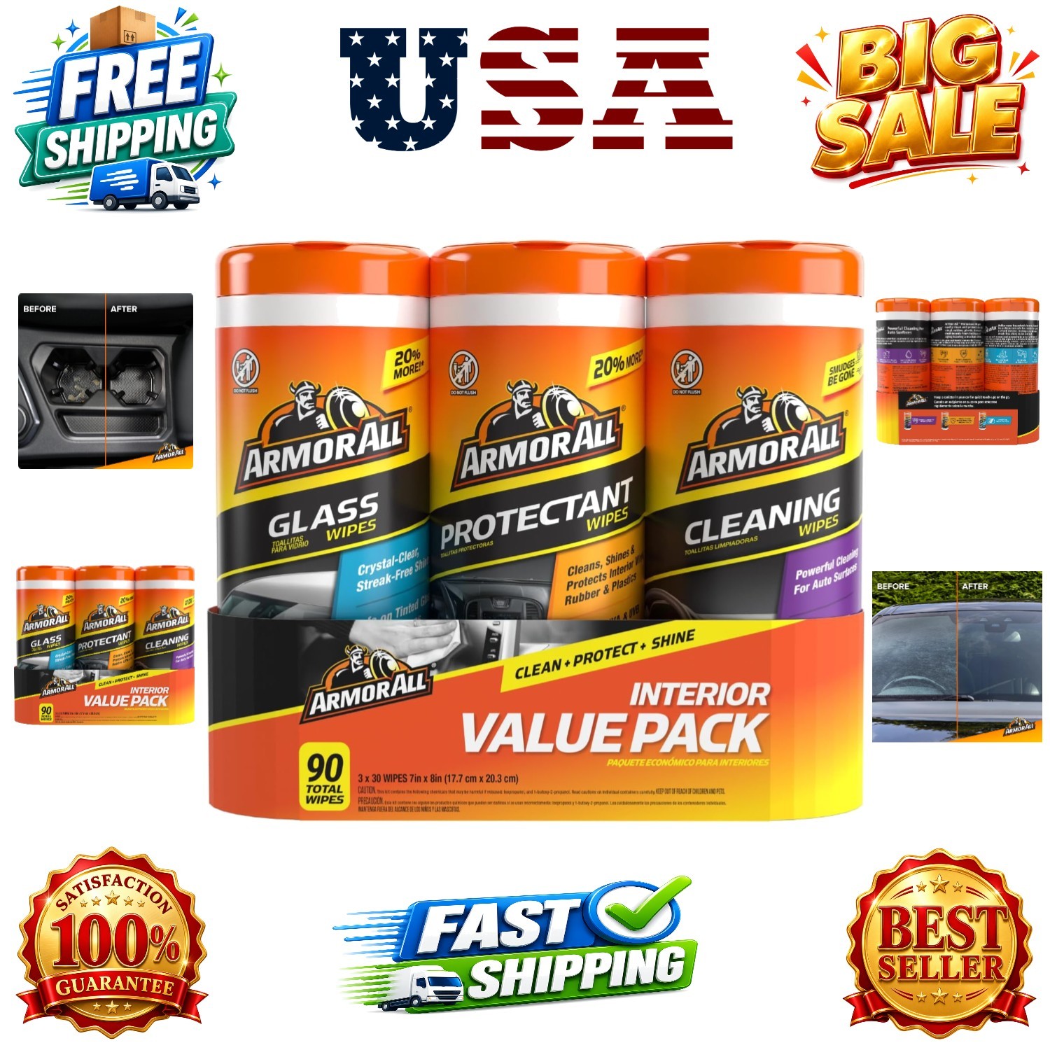 Car Interior Value Pack, 90 Count, Includes Auto Glass Cleaner, Cleaning Wipe…