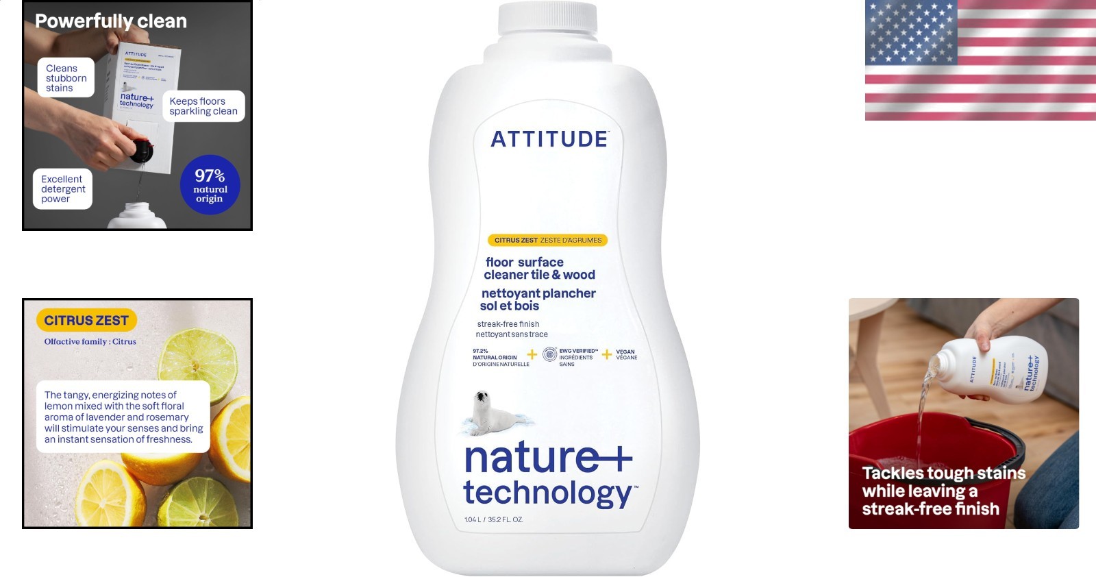 EWG Verified Floor Cleaner, Citrus Zest, Streak-Free Plant-Based 35.2oz