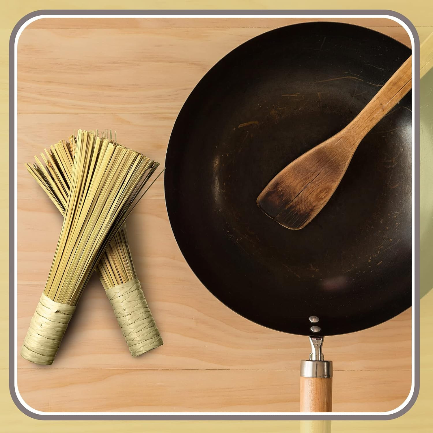 2 Pcs 12 Inches Bamboo Wok Brush Bamboo Kitchen Cleaning Brush Pot Scraper Scrub