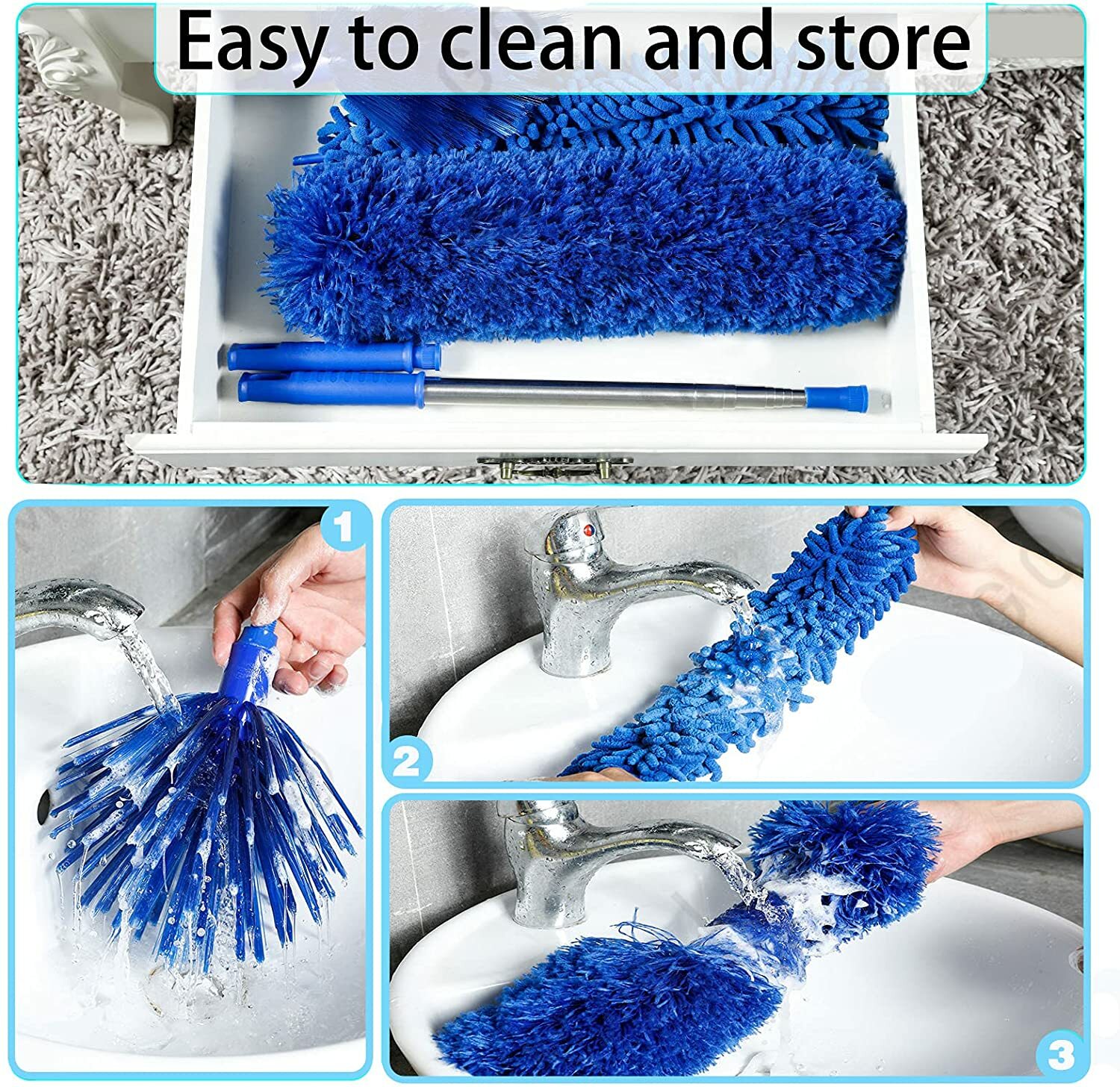 Microfiber Dusters w 2 Handle Sets, Durable 15~100 Inchs Long Telescopic Rod New